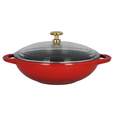 Chasseur 7" Double Enameled Cast Iron Wok Set With Lid In Red;red