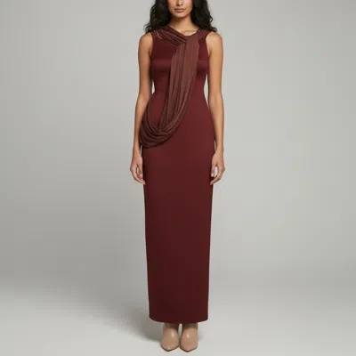 Pre-owned Chats By C.dam Burgundy Jersey And Chiffon Draped High Slit Maxi Dress S