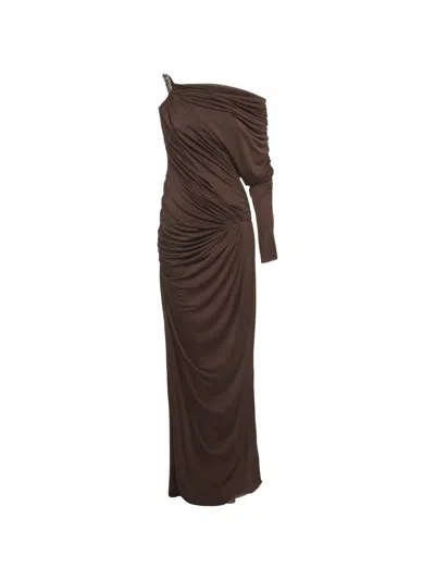 Pre-owned Chats By C.dam Asymmetric Ruched Maxi Dress In Brown