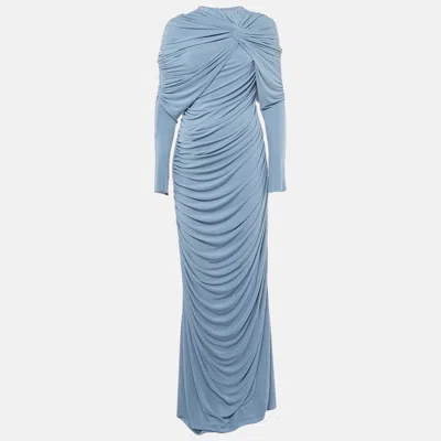 Pre-owned Chats By C.dam Blue Jersey Draped Emera Maxi Dress S
