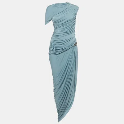 Pre-owned Chats By C.dam Blue Jersey Rushed One Shoulder Maxi Dress M