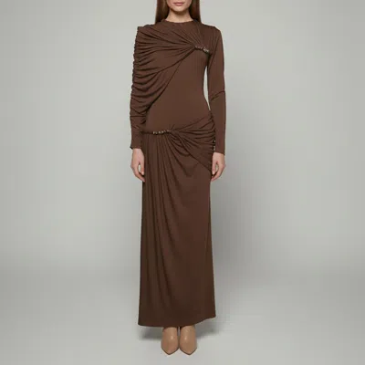 Pre-owned Chats By C.dam Brown Knit Long Sleeve Draped Maxi Dress S