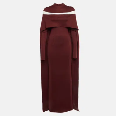 Pre-owned Chats By C.dam Burgundy Knit Nehru Cape Maxi Dress Xs