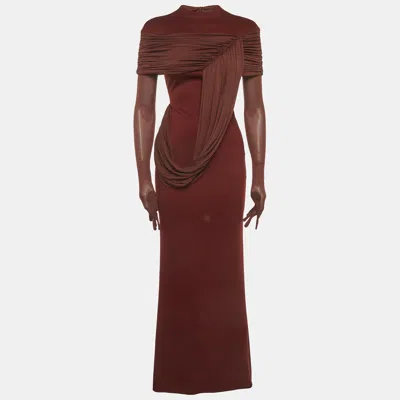Pre-owned Chats By C.dam Burgundy Stretch Crepe And Knit Draped Meydan Maxi Dress S
