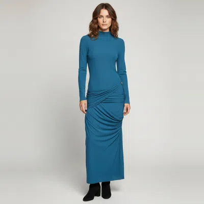 Pre-owned Chats By C.dam Chats By C. Dam Blue Knit Draped Long Sleeve Dress M
