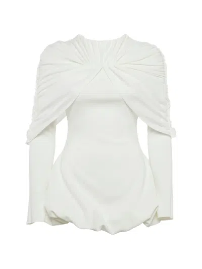 Pre-owned Chats By C.dam Draped Bubble-hem Mini Dress In White