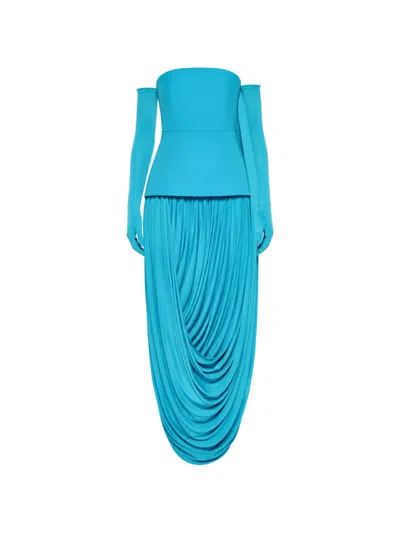 Chats By C.dam Draped Tube Maxi Dress In Blue