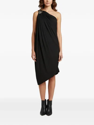 Pre-owned Chats By C.dam Eileen Asymmetric Draped Midi Dress In Black
