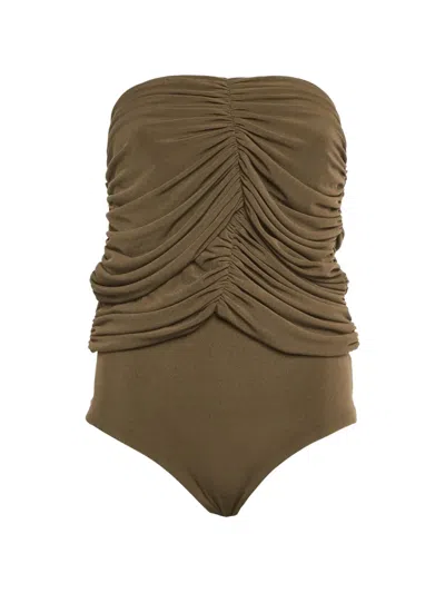 Pre-owned Chats By C.dam Jersey Ruche Bodysuit In Brown