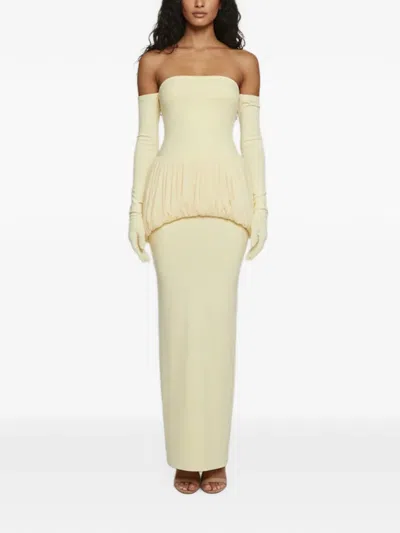 Pre-owned Chats By C.dam Katherine Strapless Peplum Dress In Yellow