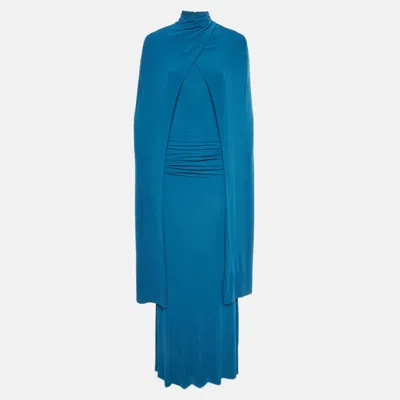 Pre-owned Chats By C.dam Navy Blue Jersey Draped Valeris Maxi Dress M