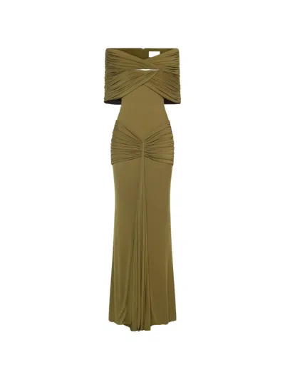 Chats By C.dam Off-shoulder Draped Maxi Dress In Green