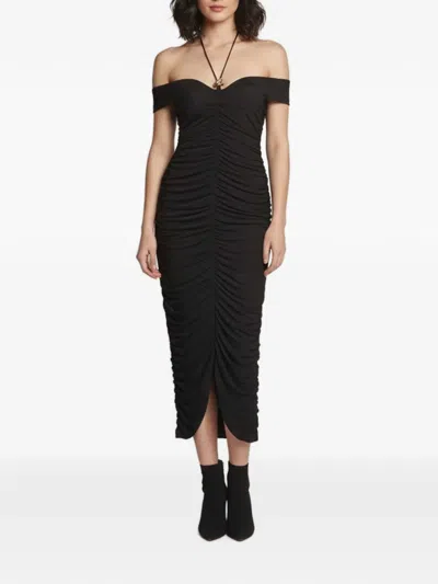 Pre-owned Chats By C.dam Off-the-shoulder Ruched Dress In Black
