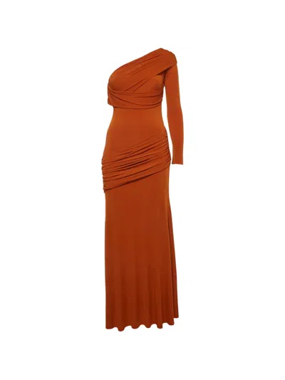 Pre-owned Chats By C.dam Pansy Maxi Asymmetric Jersey Dress In Orange