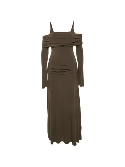 Pre-owned Chats By C.dam Rosa Off-shoulder Ruched Maxi Dress In Brown