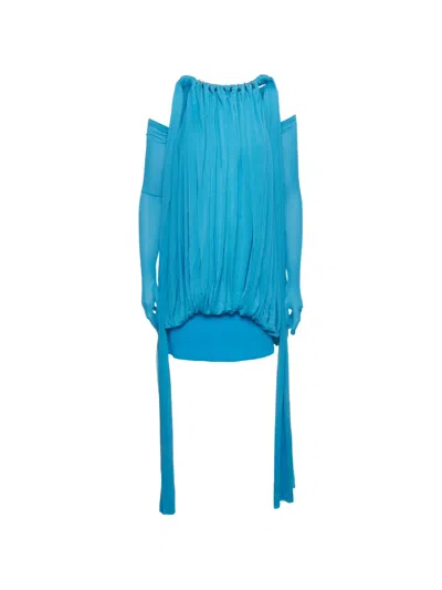Pre-owned Chats By C.dam Rosalind Draped Mini Dress And Glove Set In Blue