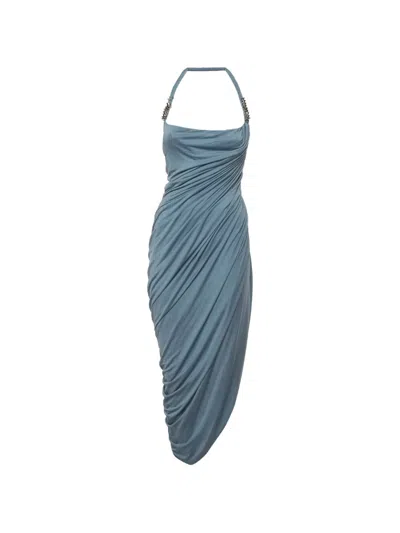 Pre-owned Chats By C.dam Ruched Halterneck Midi Dress In Blue