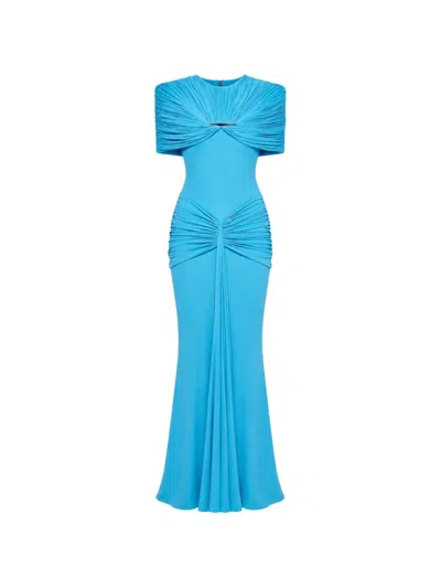 Chats By C.dam Sarah Draped Metal-accessory Maxi Dress In Blue