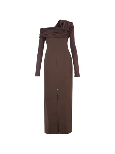 Chats By C.dam Simone Asymmetric Draped Maxi Dress In Brown