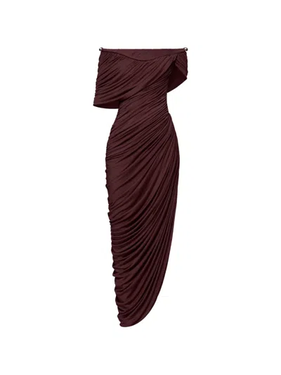 Chats By C.dam Thalyn Off-shoulder Draped Midi Dress In Brown