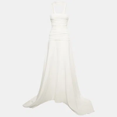 Pre-owned Chats By C.dam White Jersey And Linen Draped Dress M