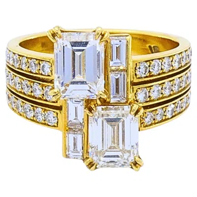 Pre-owned Chaumet 18k Gold Emerald Cut Baguette Diamond Cocktail Ring In Green