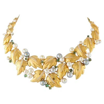Pre-owned Chaumet 18k Yellow Gold 2.20ct Diamond, Pearl & Tourmaline Foliage Bib Necklace