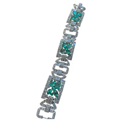 Pre-owned Chaumet 1930's Art Deco  Platinum Diamond And Carved Emerald Bracelet In Green