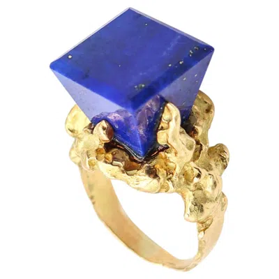 Pre-owned Chaumet 1970 Modernist Sculptural Ring In 18kt Yellow Gold With Geometric Lapis