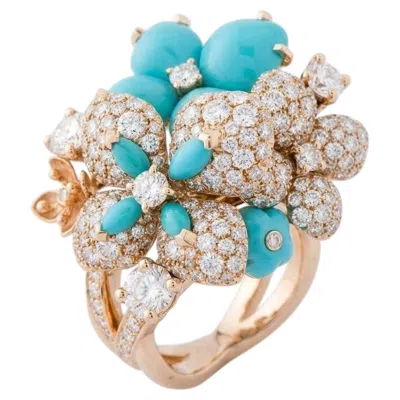 Pre-owned Chaumet Hortensia Turquoise Diamond 18k Rose Gold Cocktail Ring In Red