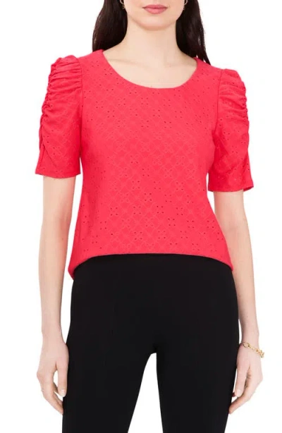 Chaus Eyelet Ruched Sleeve Top In Pink