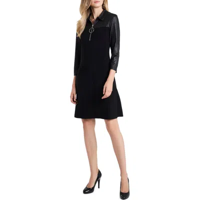 Chaus Faux Leather Mixed Media Shift Dress In Black