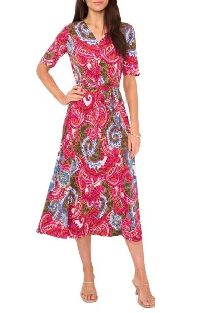 Chaus Faux Wrap Midi Dress In Olive Fuschia Rust