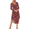 Chaus Floral Button Front Tie Waist Dress In Black/pink/red