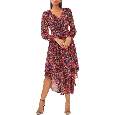 Chaus Floral Button Front Tie Waist Dress In Black/pink/red