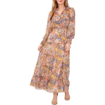 Chaus Floral Metallic Smocked Waist Long Sleeve Tiered Midi Dress In Neutral