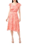Chaus Floral Metallic Smocked Waist Midi Dress In Peach/rose/yellow