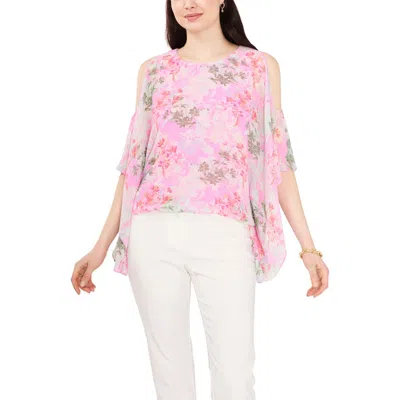 Chaus Floral Print Cold Shoulder Cape Sleeve Top In Pink