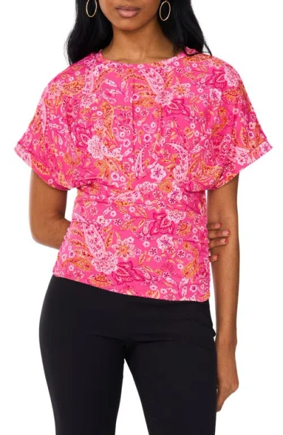 Chaus Floral Print Ruched Knit Top In Pink