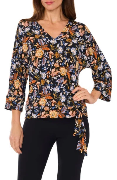 Chaus Floral Side Tie Top In Black/denim/rust