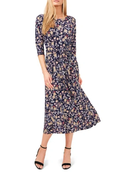 Chaus Floral Tie Front Midi Dress In Navy/yellow