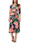 Chaus Floral Tie Front Three-quarter Sleeve Midi Dress In Navy/lime/tangerine