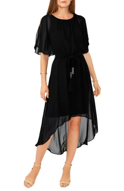 Chaus Flutter Sleeve Chiffon High-low Dress In Rich Black