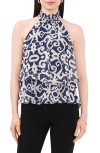 Chaus Medallion Print Smocked Halter Neck Blouse In Navy/white