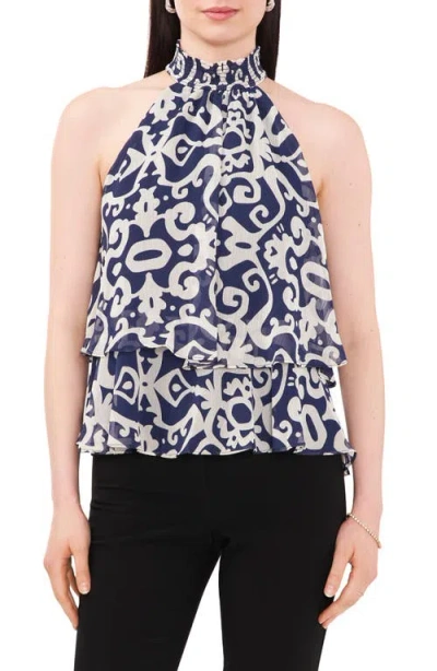 Chaus Medallion Print Smocked Halter Neck Blouse In Navy/white