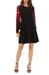 Chaus Mixed Media Floral Long Sleeve Sheath Minidress In Black/wine/pink
