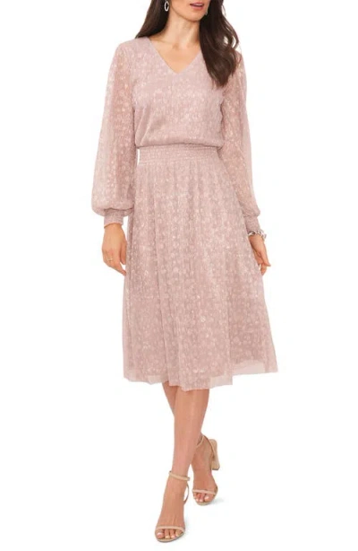Chaus Plissé V-neck Long Sleeve Midi Dress In Pink