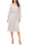 CHAUS PLISSÉ V-NECK LONG SLEEVE MIDI DRESS