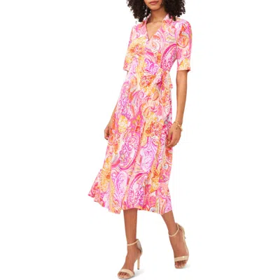 Chaus Print Faux Wrap Midi Dress In Multi