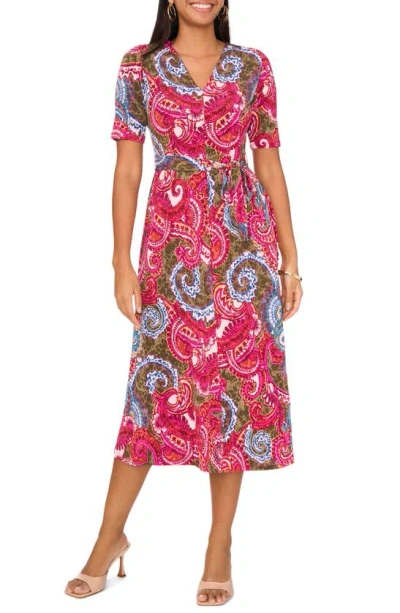 Chaus Print Faux Wrap Midi Dress In Olive Fuschia Rust